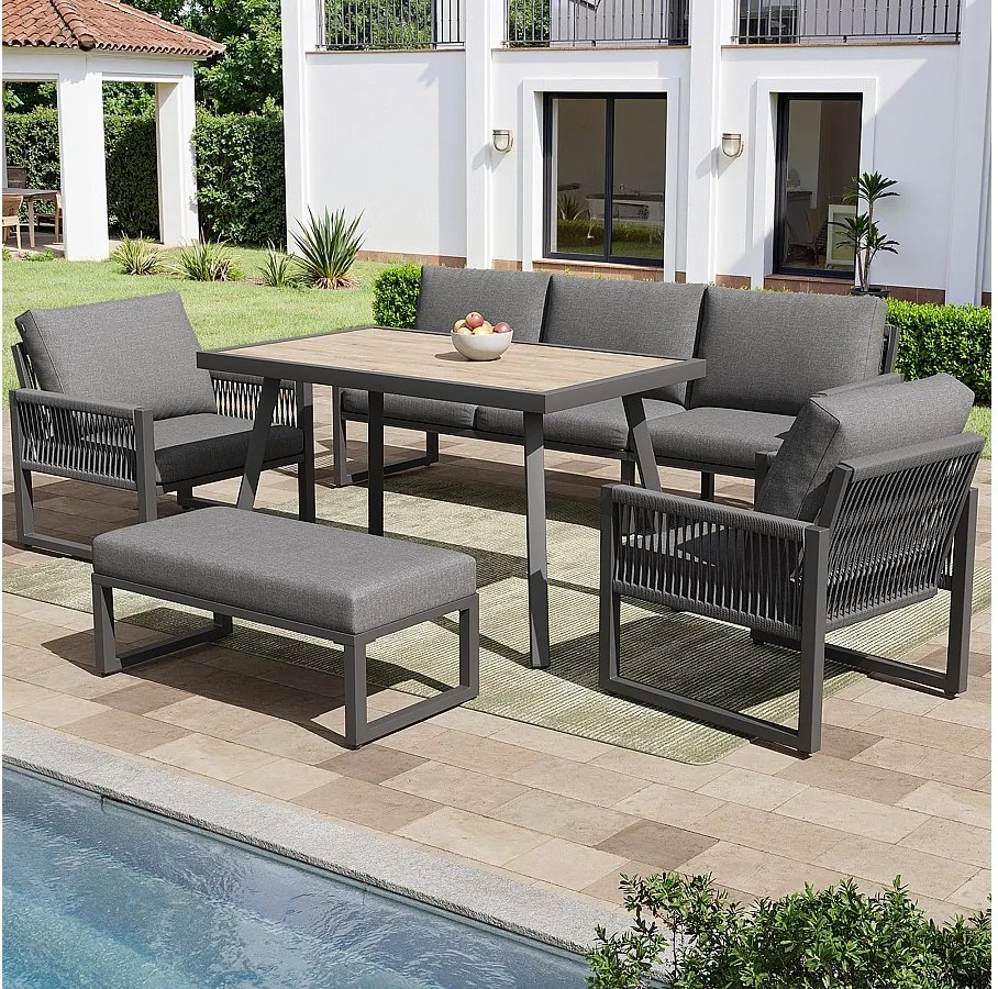 Salon ogrodowy, zestaw mebli, lin, na 6 osób - Kanapa 3-osobowa - 2 fotele - stół - Biały​ - z żelaza ocynkowanego, Szary