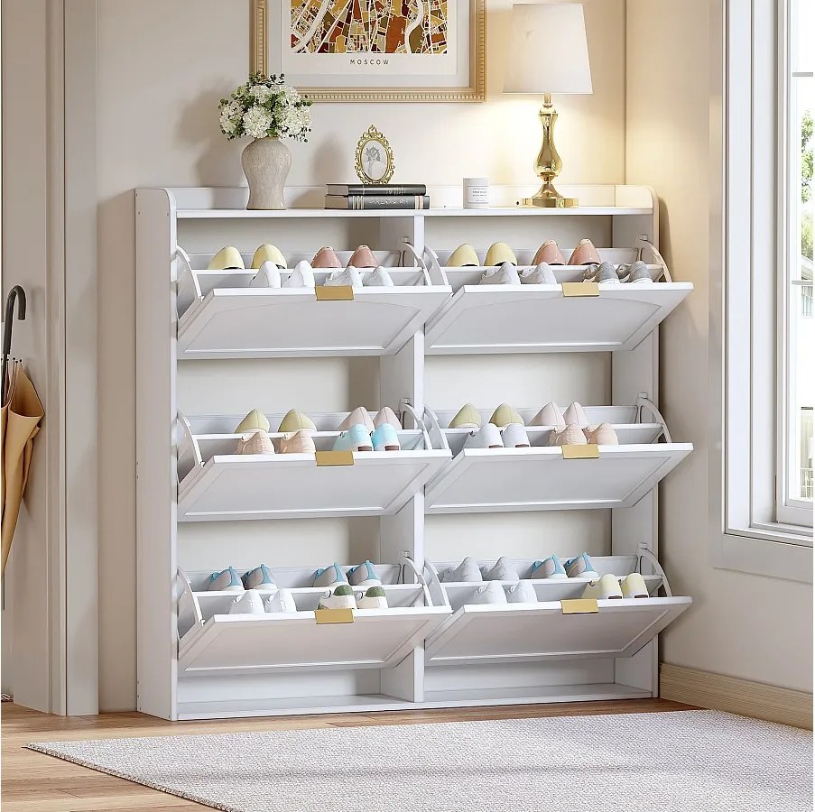 Szafka na buty do przedpokoju - 120 x 23 x 118 cm - z 6 składanymi przegródkami - MDF + płyta wiórowa - biała