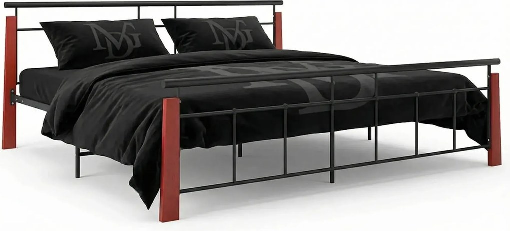 Łóżko metalowe vintage czarny + ciemny dąb 200x200 cm D6-W51