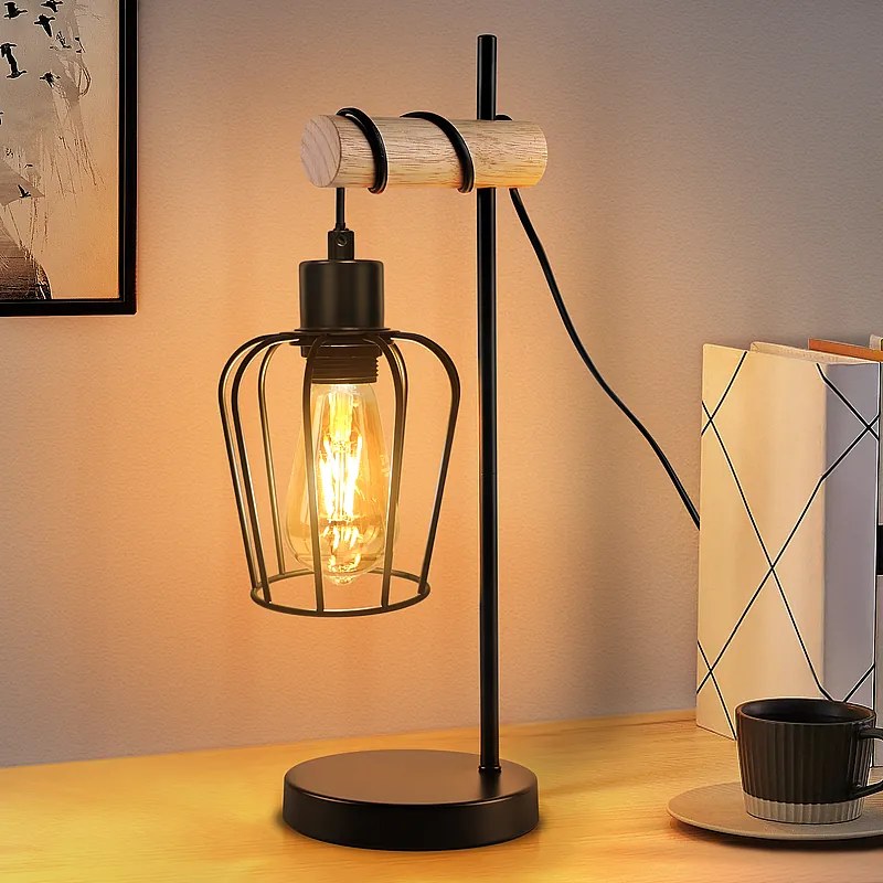 NETTLIFE lampa stołowa do salonu, vintage, drewniana lampa stołowa: czarna lampka nocna, 1 żarówka, industrialny design, metalowa, z gniazdem E27, bez żarówki