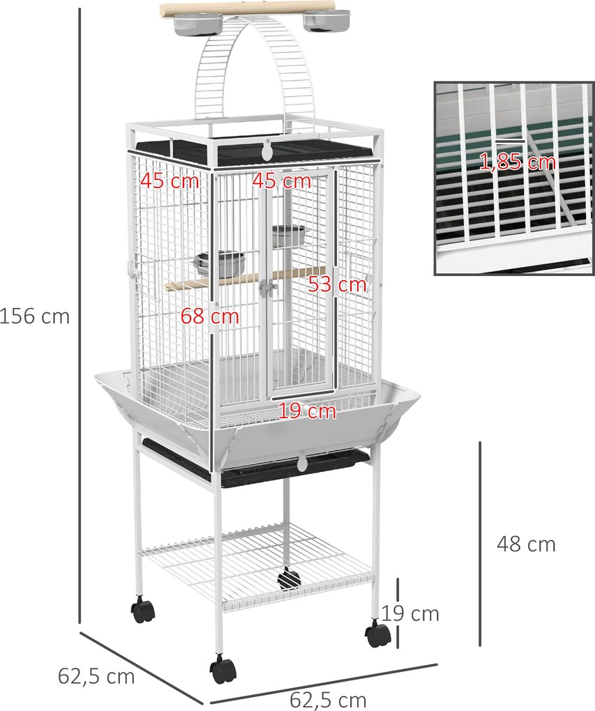 PawHut Klatka dla ptaków, klatka dla papug z 3 drzwiami, 2 żerdziami, kółkami 360°, miską na karmę, półką, wyjmowaną tacą, 62,5x62,5x156 cm, biały | Aosom PL