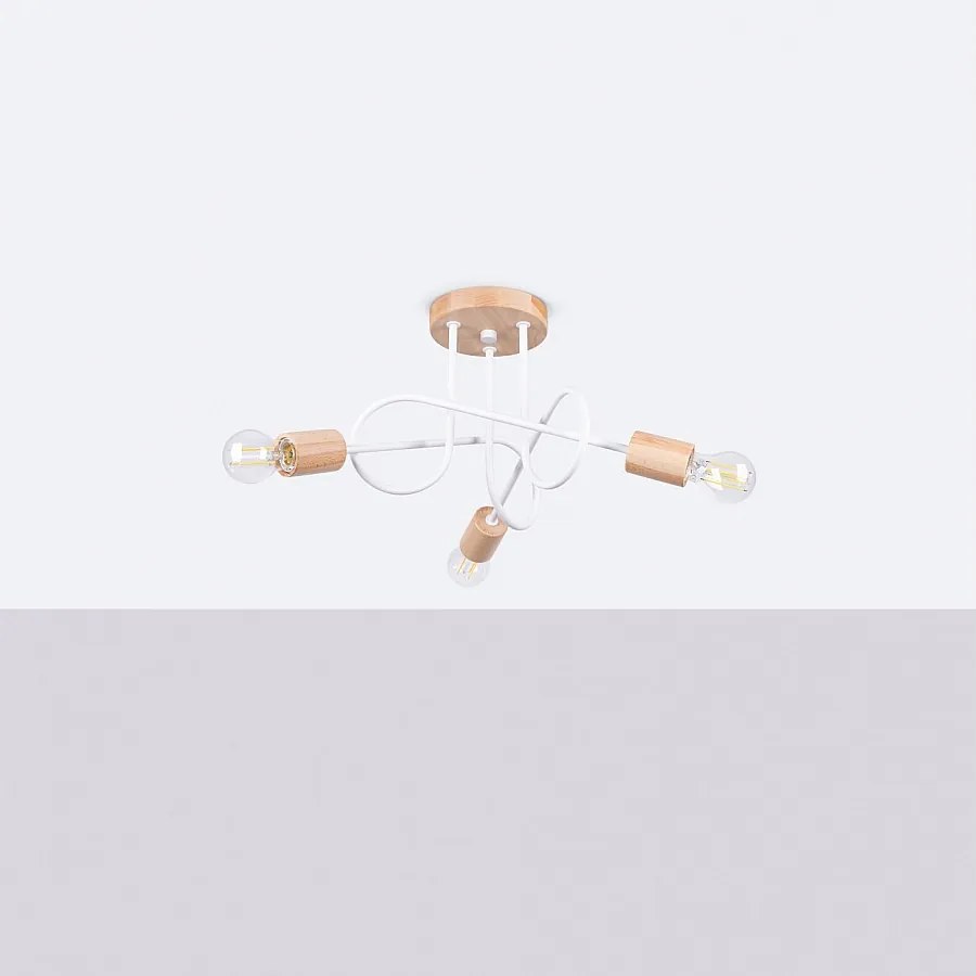 Żyrandol minimalistyczny Sparkon, stal/drewno - 3 źródło światła 4000K - L.14 x H.26 cm - biały/naturalne drewno