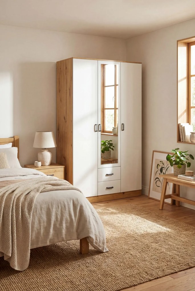 Trzydrzwiowa skandynawska szafa z lustrem dab artisan + biały Z9-S03