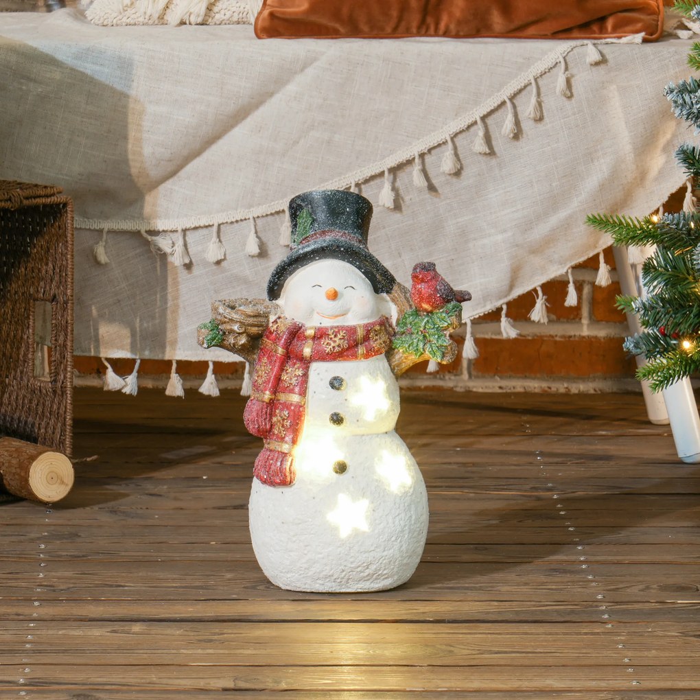 HOMCOM Dekoracja Świąteczna, Bałwan z Ptakiem, 4 ciepłobiałe diody LED, na baterie, 25 x 15,5 x 38 cm | Aosom PL