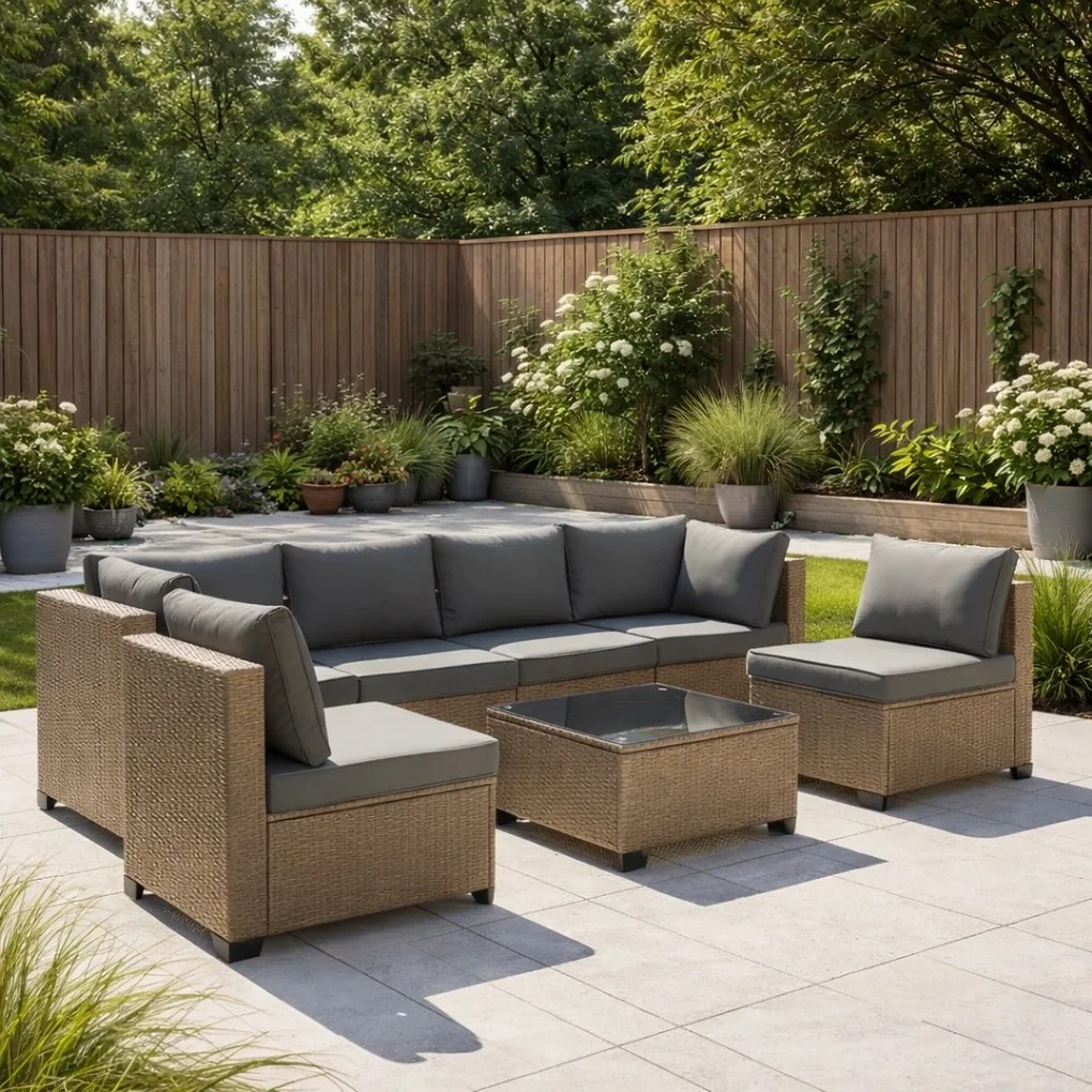 Modułowy narożnik ogrodowy Caldoro technorattan, naturalny, poduszki szare