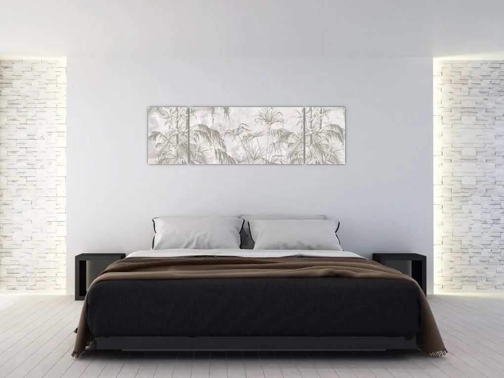 Obraz - Tropikalne rośliny na ścianie w kolorze szarym (170x50 cm)