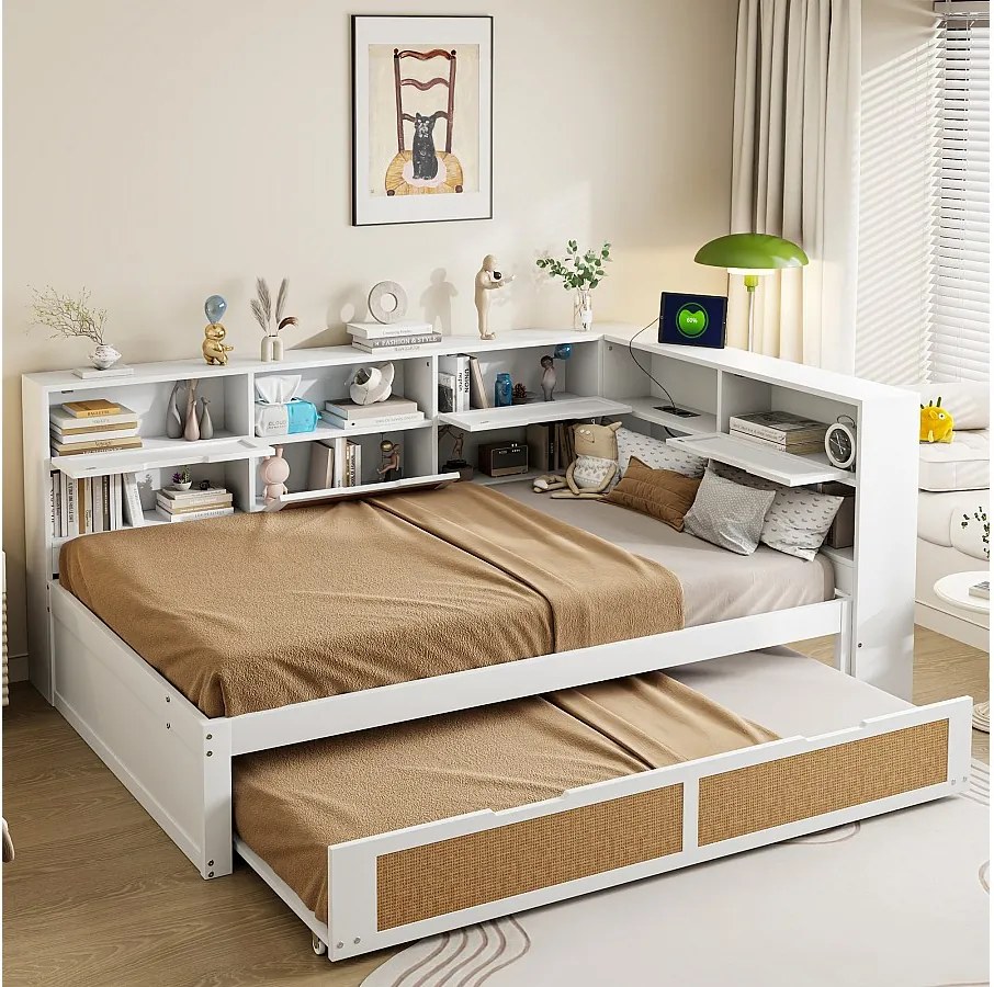 Łóżko z pojemnikiem 140x200 cm - z gniazdem USB i półkami - drewno - białe