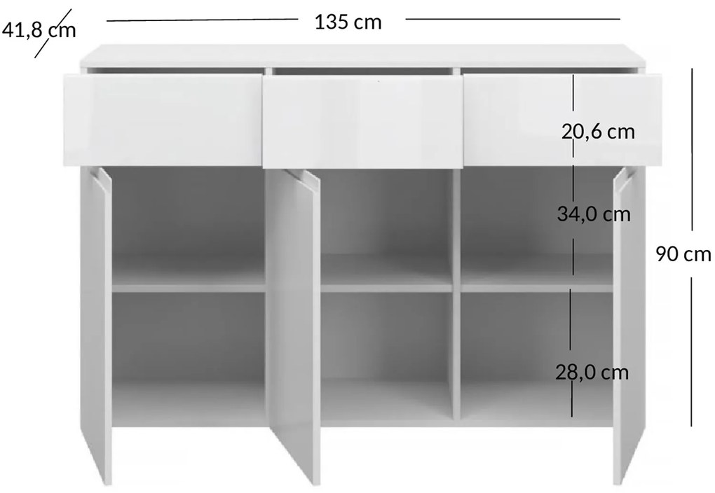 Komoda Trzydrzwiowa z Szufladami do Salonu MIST 135 cm Biały połysk Nowoczesna