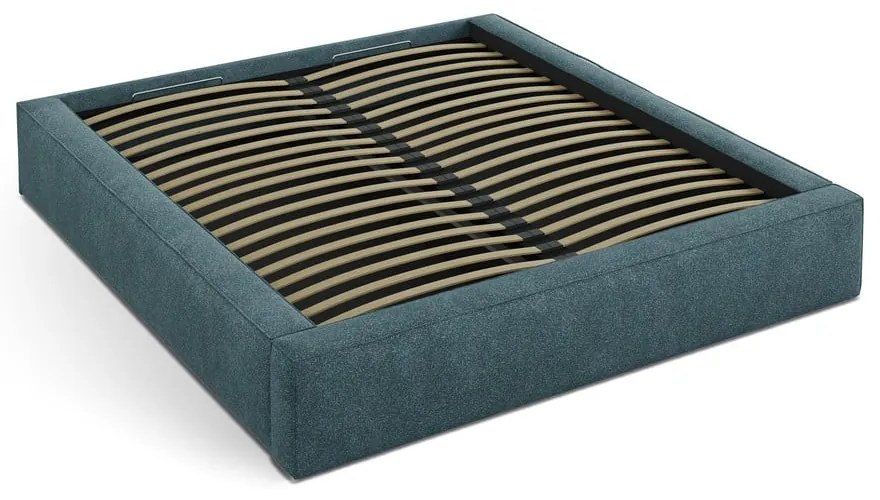 Niebieskie tapicerowane łóżko dwuosobowe ze schowkiem i stelażem 200x200 cm Simon – Micadoni