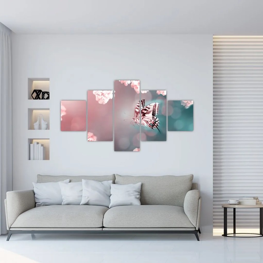 Obraz - Motyl wśród kwiatów (125x70 cm)