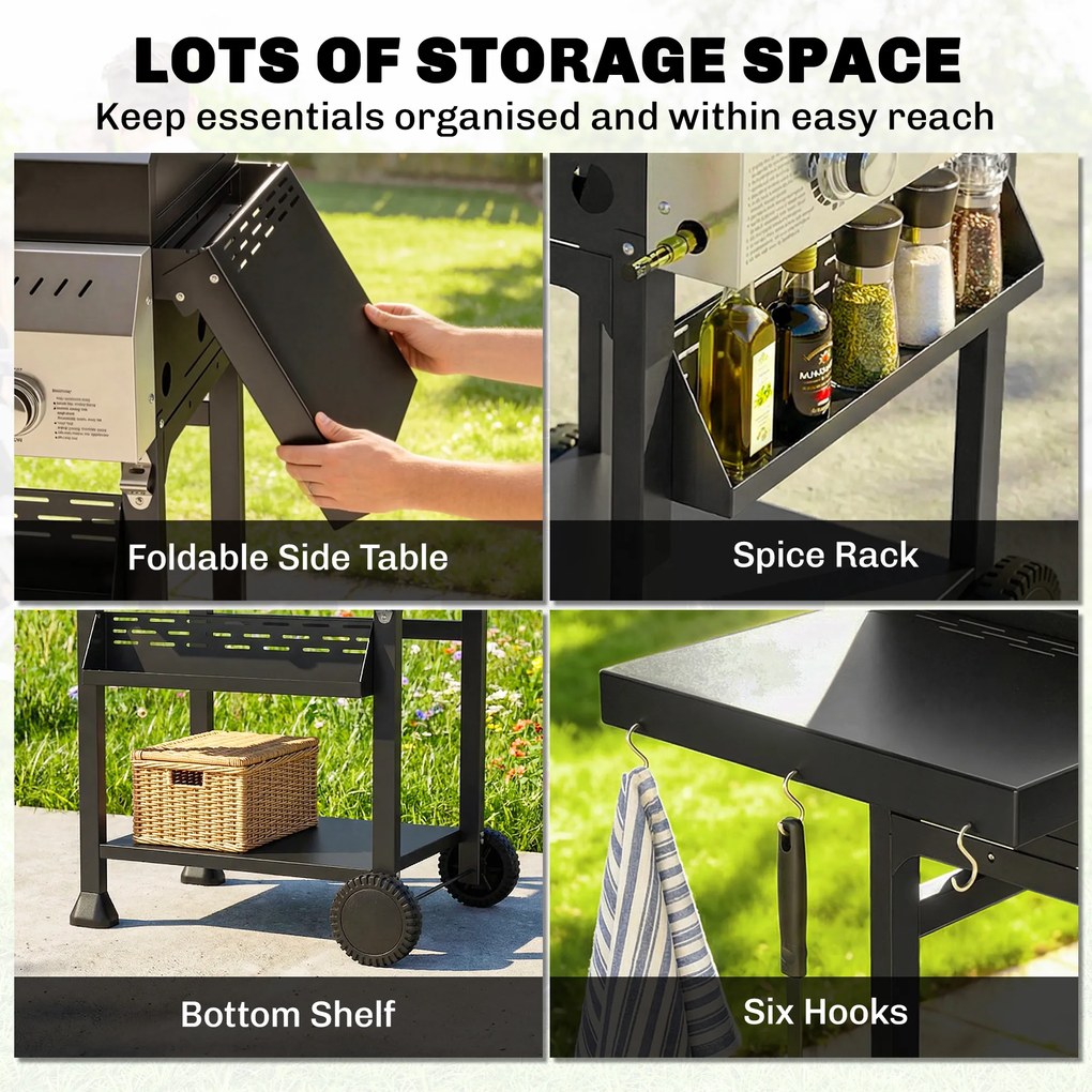 Outsunny Grill gazowy 9 kW 3 palniki BBQ wózek ze stali nierdzewnej ze składanymi półkami, uchwytem na przyprawy, dolną półką i 6 haczykami | Aosom PL