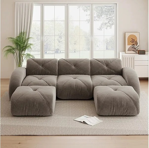 Canapé d'angle 3 places modulable en tissu chenille, avec 2 pouf, 281x171x76cm, Marron