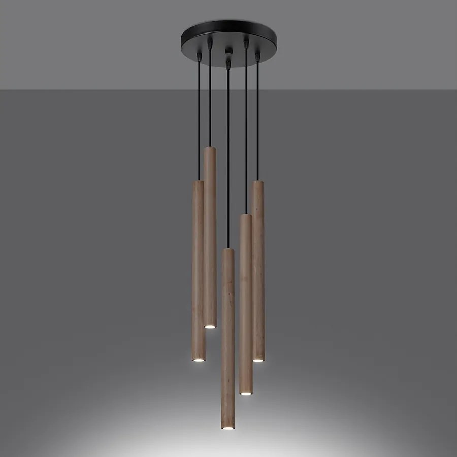 Lampy wiszące nowoczesny Brill, stal/drewno - 5 źródło światła 3000K - L.25 x H.110 cm - drewno