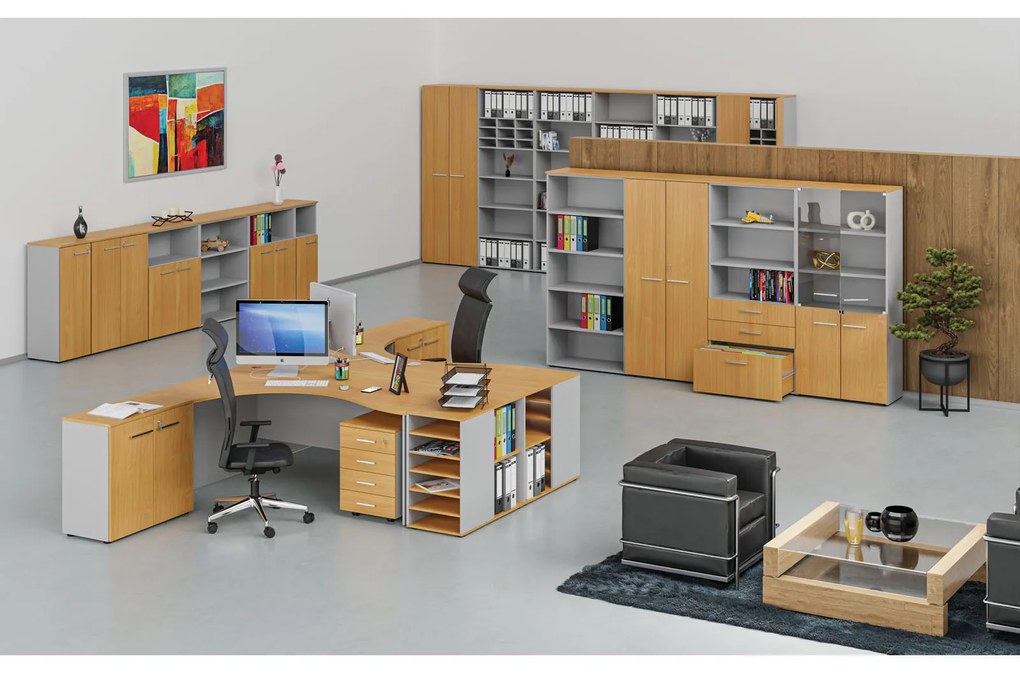 Szafa biurowa kombinowana PRIMO GRAY, drzwi przesuwne na 2 poziomach, 800 x 420 x 1434 mm, szary/buk