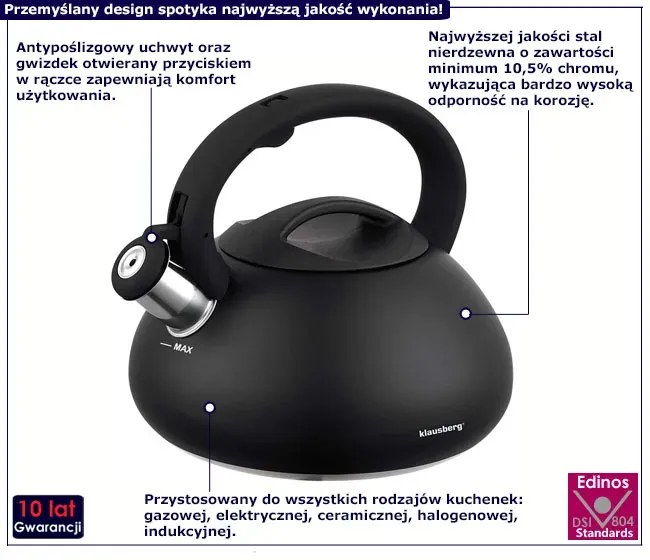 Stalowy czajnik z potrójnym dnem kapsułowym 2,7L - Luno 6X