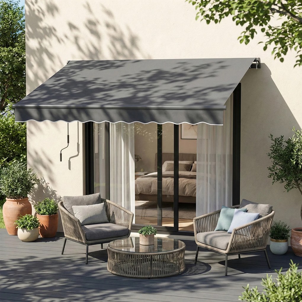 Outsunny Markiza Balkonowa 350 x 300 cm z Korbą i Uchwytami Ściennymi, Regulowany Kąt Nachylenia | Aosom PL