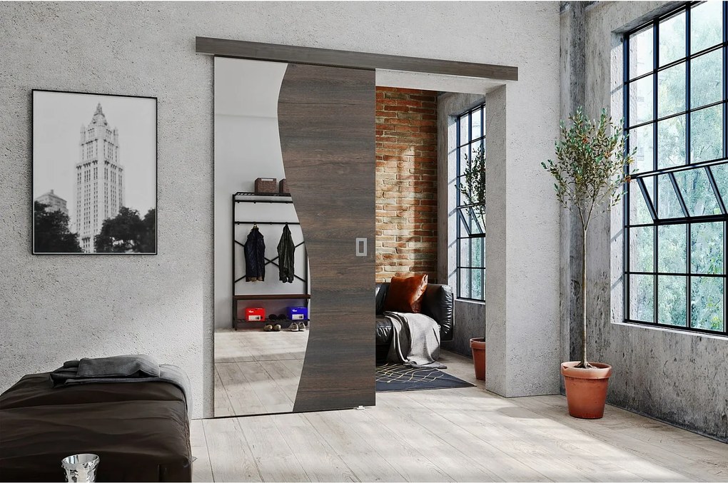 Emporius drzwi przesuwne 100 cm Kaja - drzwi naścienne z lustrem do salonu, garderoby - Jesion ciemny