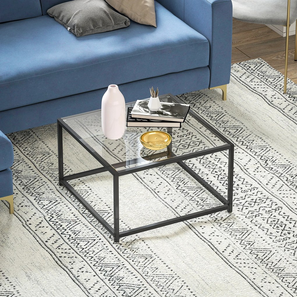 HOMCOM Kwadratowy stolik kawowy 68×68×39 cm — hartowane szkło, stal, czarny