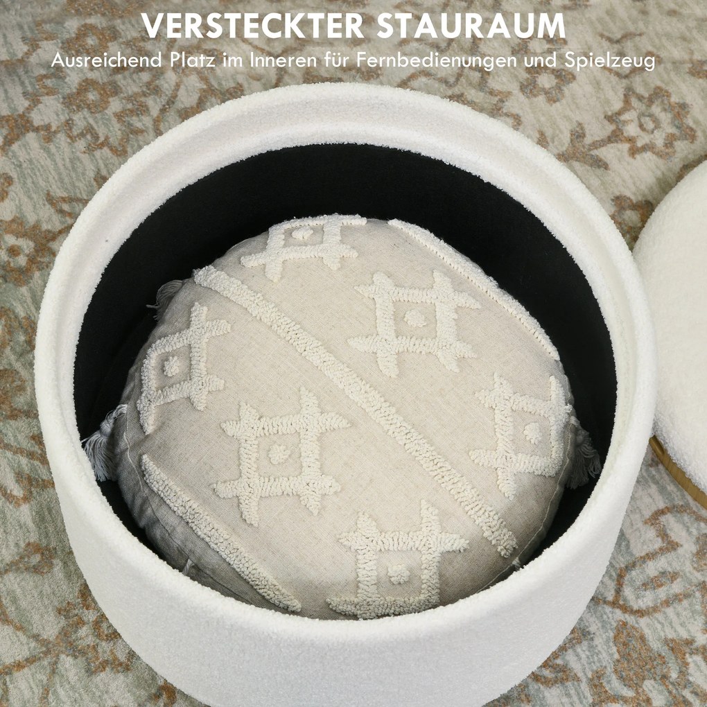 HOMCOM Stołek otomana ze schowkiem, okrągły stołek ze składanym siedziskiem, drewniane nogi, nowoczesny, do salonu, sypialni, biały, Ø56 x 42 cm