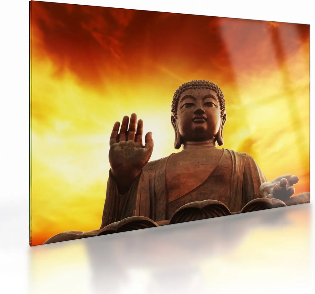 Obraz na szkle - Budda z czerwonym i żółtym tłem (70x50 cm)
