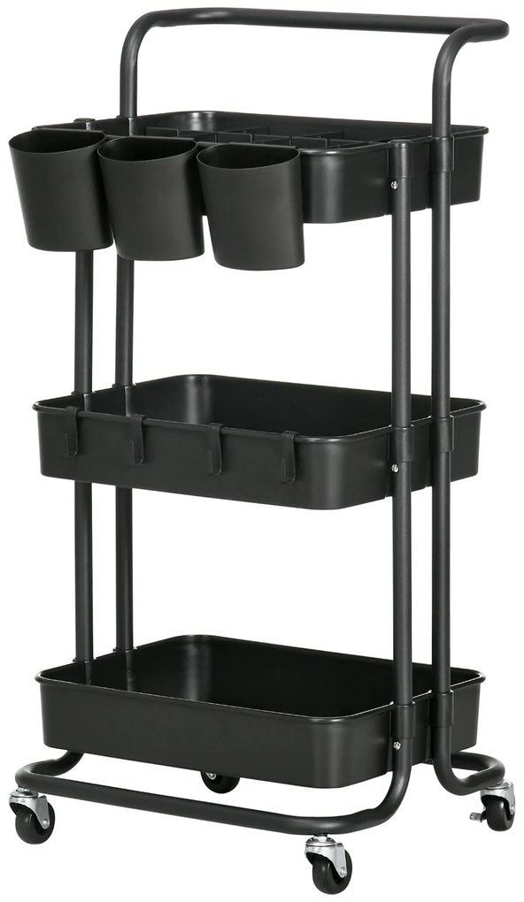 HOMCOM Wózek na 3 Poziomy z Koszykami i Hakami, Wózek Pomocniczy do Kuchni lub Salonu, Stal, Tworzywo Sztuczne, Czarny
