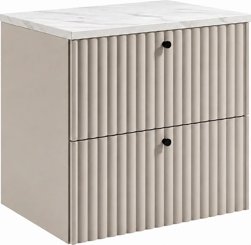 Szafka łazienkowa wisząca z blatem 60, kaszmir + blat z efektem marmuru Bianco, uchwyty w trzech kolorach, 60 x 44,4 x 58,6 cm