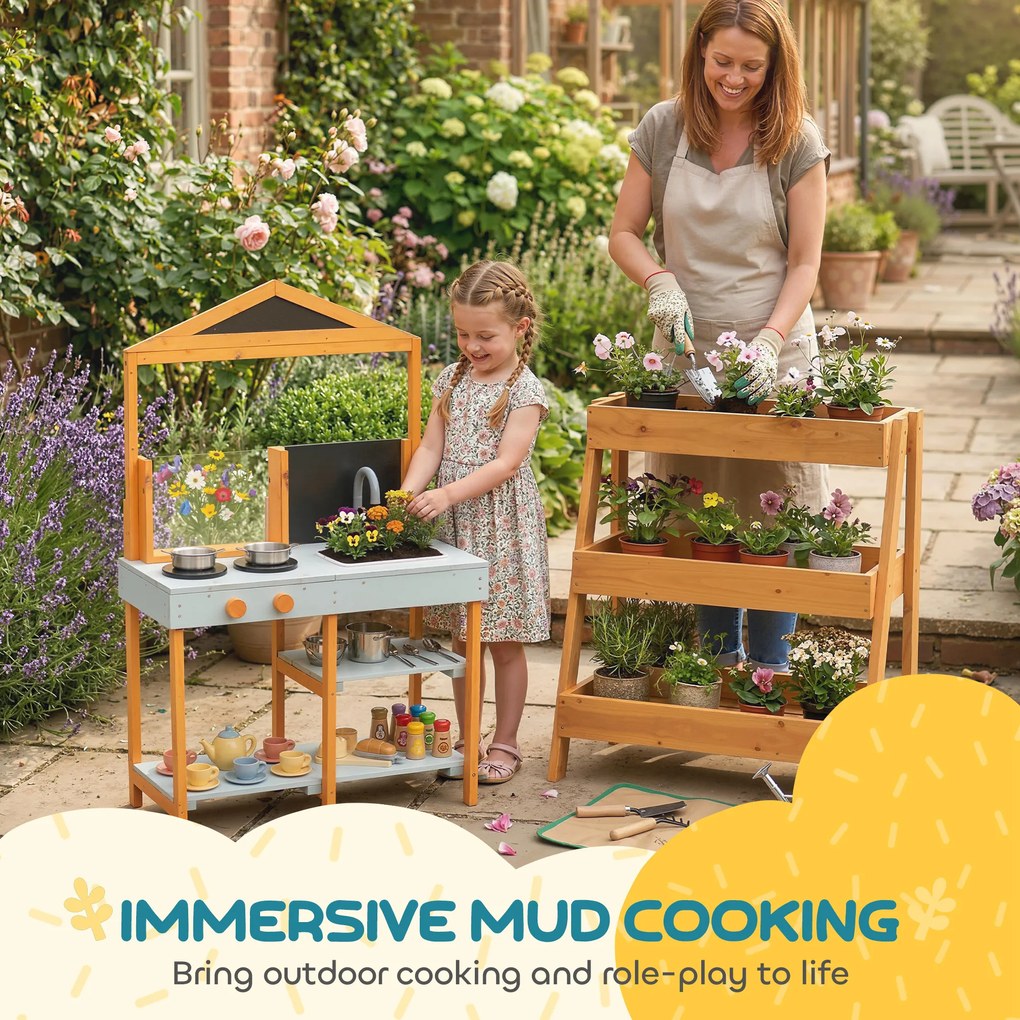 AIYAPLAY Kuchnia do zabawy w błocie dla dzieci, ogrodowa drewniana kuchnia z płytą grzewczą, wyjmowanym zlewem i półkami, dla dzieci 3–8 lat, jasnoniebieska | Aosom PL