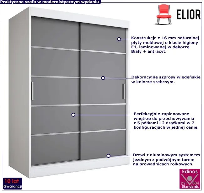 Szafa przesuwna biel + antracyt 150 cm - Bohosa 4X