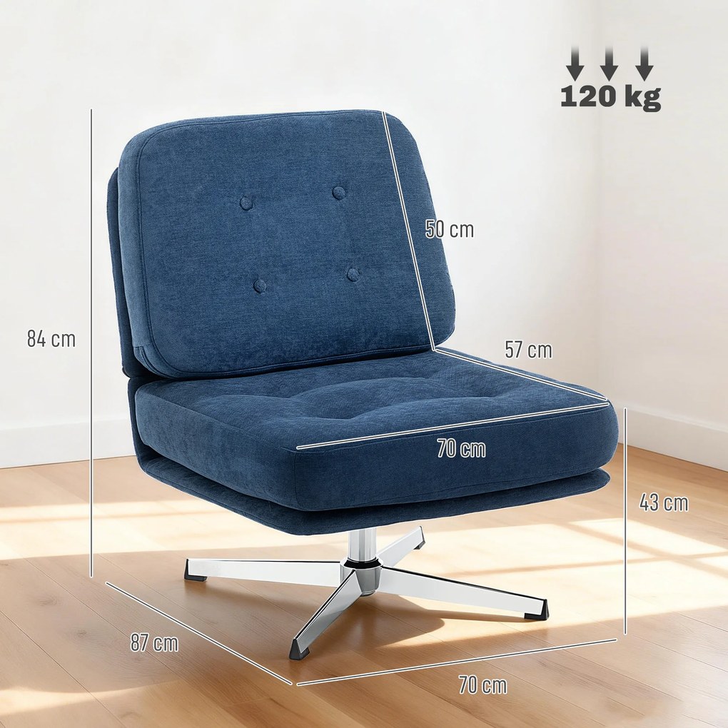HOMCOM Obrotowy fotel akcentowy, tapicerowany fotel do czytania z tkaniny chenille, szerokie siedzisko, sprężynowe poduszki i metalowe nogi, ciemnoniebieski | Aosom PL
