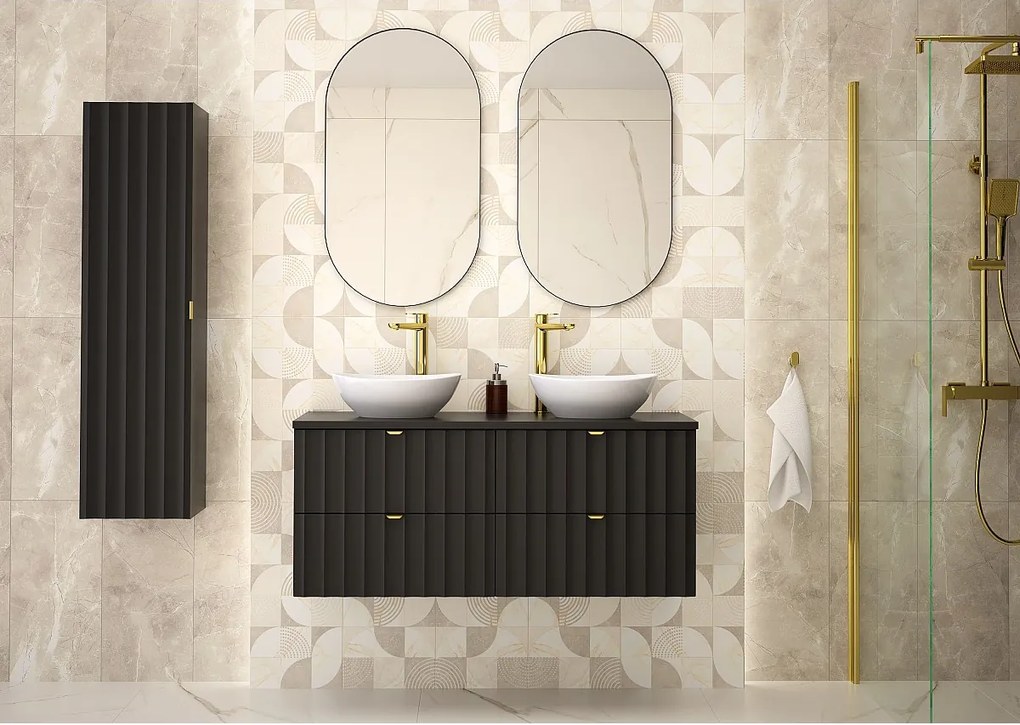 Czarny Zestaw Łazienkowy 120cm Szafka z Blatem Ryflowane Fronty Arcos