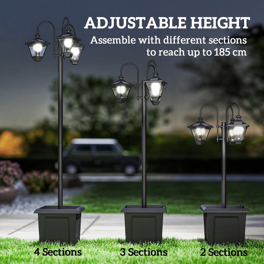 Outsunny Lampa solarna z donicą 185 cm regulowana wysokość lampa ogrodowa z 3 kloszami sterowanie światłem | Aosom PL