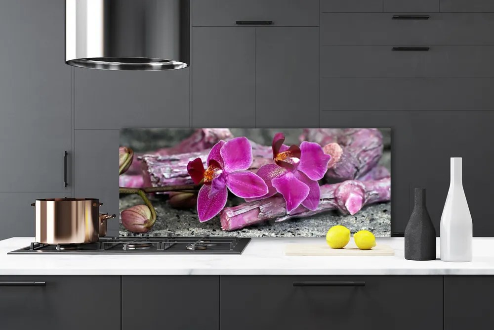 Szkło do Kuchni na Ścianę Kwiaty Na Rustykalnym Drewnie