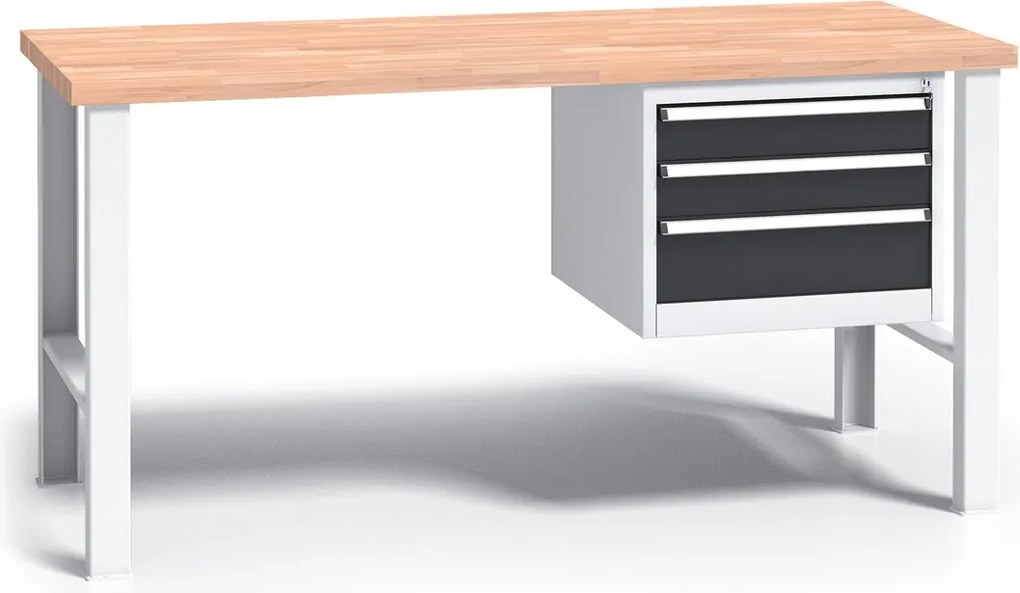 Profesjonalny stół warsztatowy G3 z drewnianym blatem roboczym, 1500 mm, 1x 3 szufladowy kontener, grafitowy