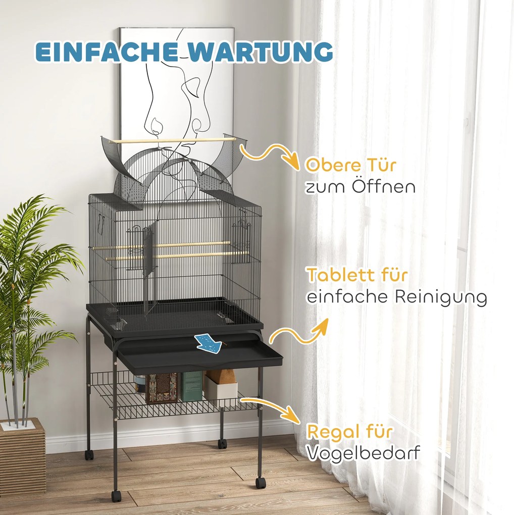 PawHut Mobilna klatka dla kanarków i falistych, z dolną półką, metalowa siatka, Czarna