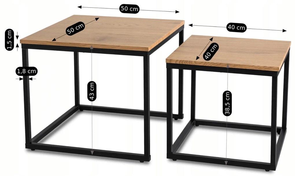 Zestaw Stolików Kawowych CARMI Dąb Złoty/Czarny do Salonu Loft