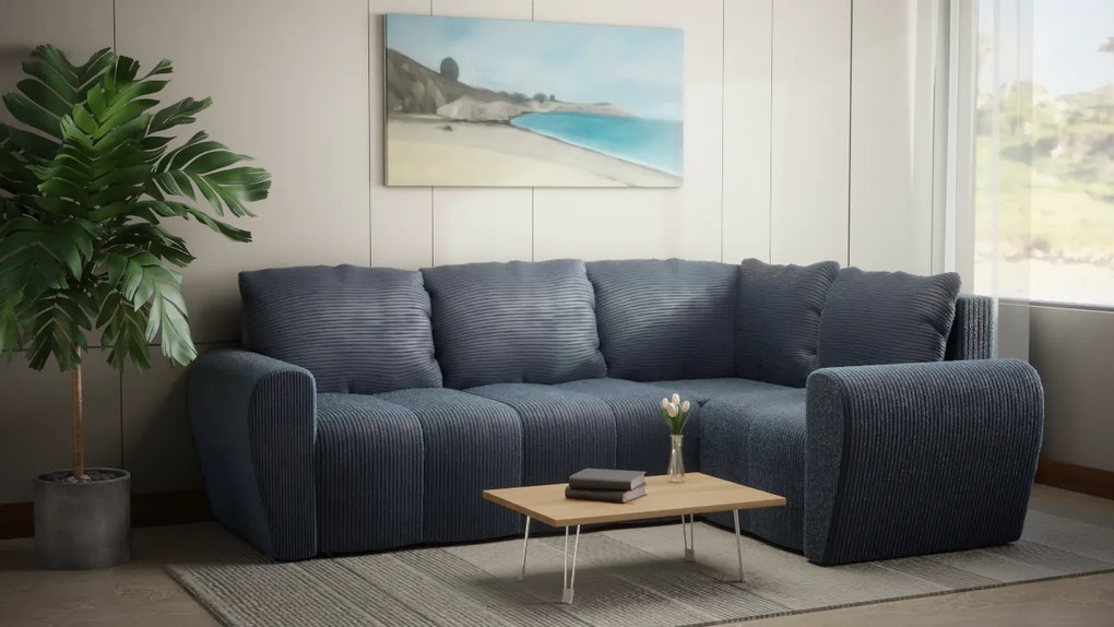 Komfortowa sofa narożna BUENO II z funkcją spania, tapicerowana w niebieskim kolorze, schowek pod siedziskiem