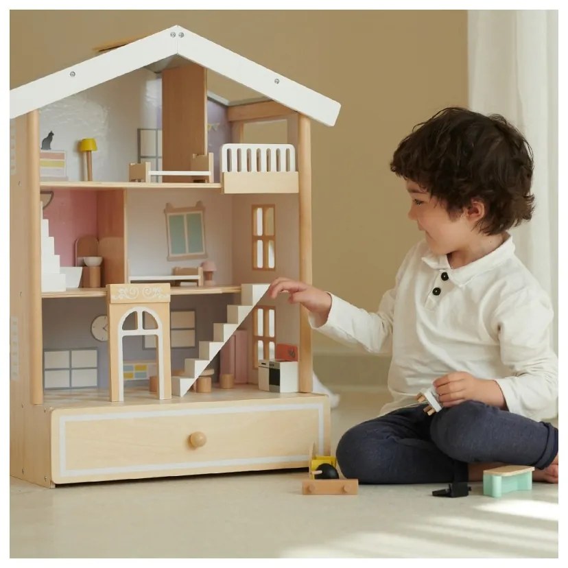 Classic world duży drewniany domek dla lalek 2 figurki naturalne drewno 28 el.
