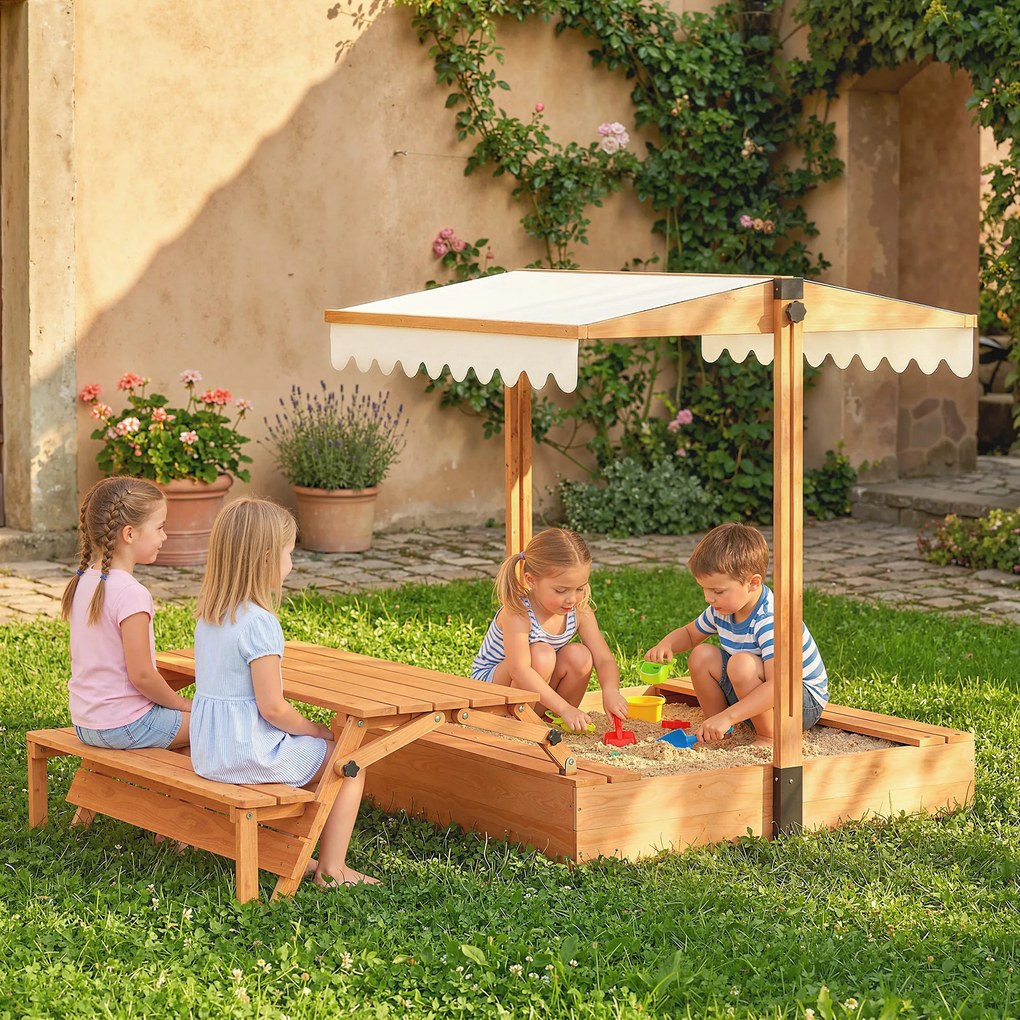 AIYAPLAY Piaskownica z dachem Piaskownica z drewna ze składanym stołem piknikowym i ławkami dla dzieci w wieku 3-8 lat 184 x 110 x 120 cm Brązowa | Aosom PL
