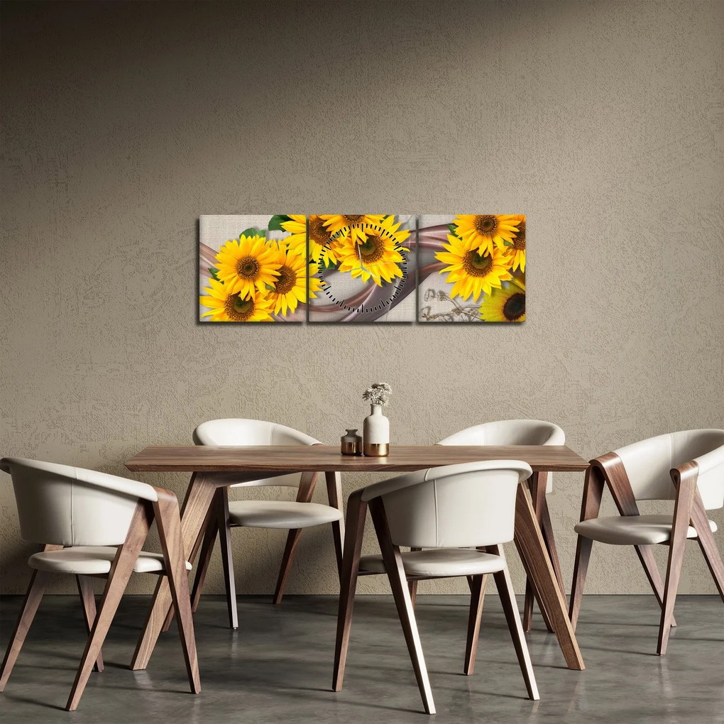 Obraz - Świecące kwiaty słonecznika (z zegarem) (90x30 cm)