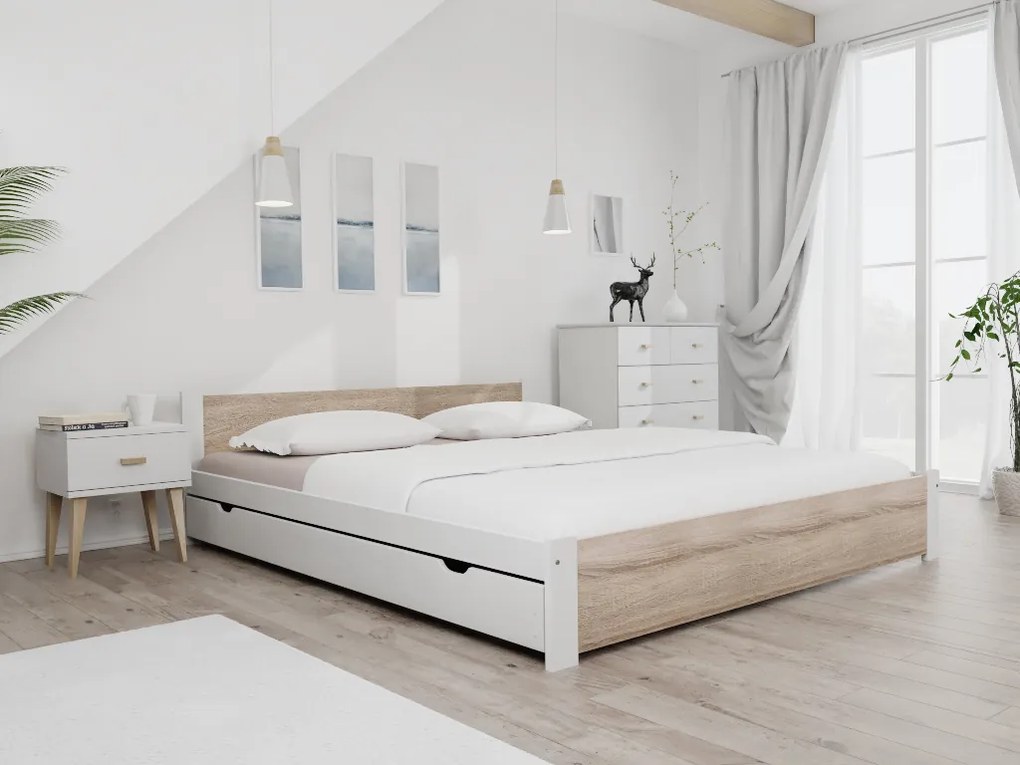 Łóżko IKAROS 180 x 200 cm, białe/dąb sonoma Stelaż: Ze stelażem listwowym rolowanym, Materac: Materac Coco Maxi 20 cm