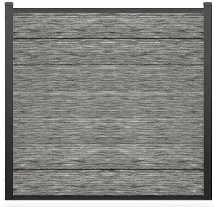 Panele ogrodzeniowe z podmurówką wys. 181 cm – zestaw 7 kompozytowych lamel + 2 jasnoszare słupki – ENOLA