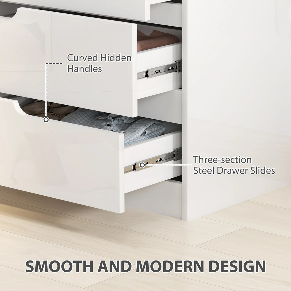 HOMCOM Nowoczesna Komoda, Szafa z 4 szufladami, Płyta wiórowa, Biała, Zabezpieczenie przeciwwypadowe, Podkładki, Biały Połysk