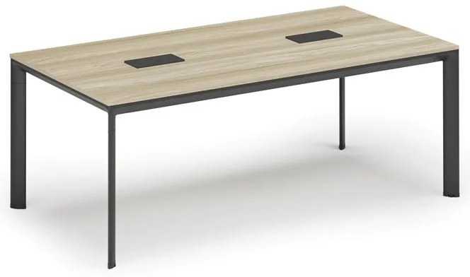 Stół konferencyjny PRIMO INVITATION, 200x100 cm, dąb naturalny + 2x port blatowy TYP VI, czarny