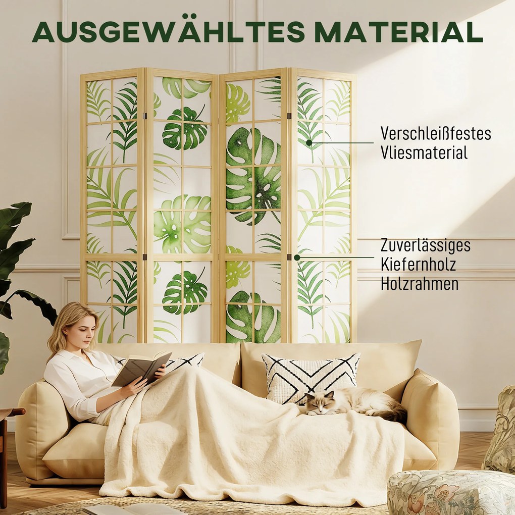 HOMCOM 4-częściowy parawan, składany, design boho, tropikalny motyw, wolnostojący parawan, rama drewniana, zielony | Aosom PL