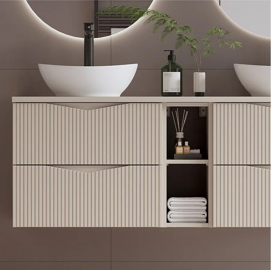 Zestaw do Łazienki 140cm Szafka Regał Blat Ryflowane Fronty Beż Piaskowy Cleo