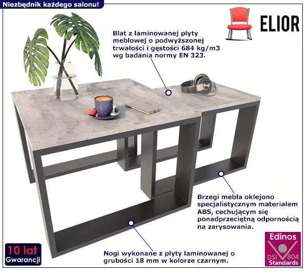 Industrialny Zestaw Stolików Kawowych Beton + Czarny L8-D74