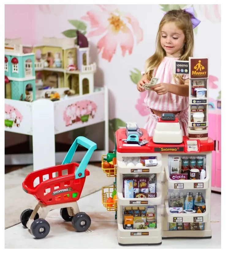 Woopie sklep supermarket z wózkiem sklepowym waga kasa skaner + 48 akc.