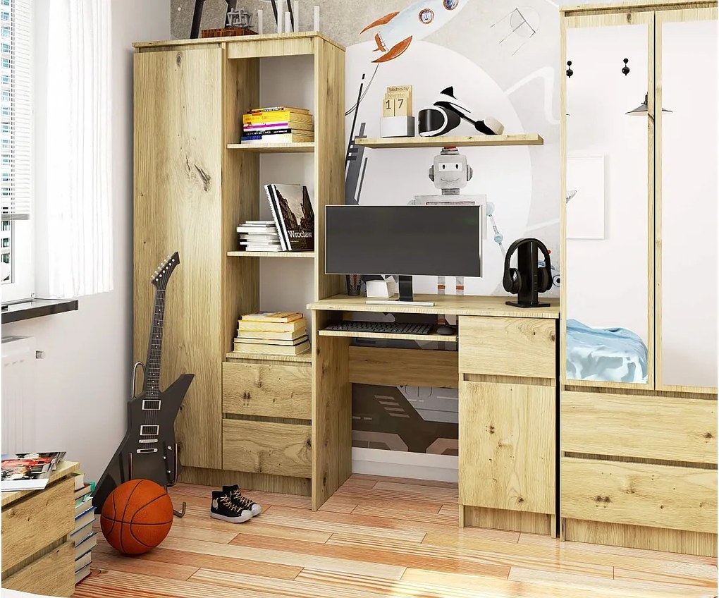 Biurko komputerowe AKORD PIKSEL Dąb Artisan 90 cm prawe 1 drzwi 1 szuflada kolor Dąb Artisan mat 3 półki 90x50x77 cm