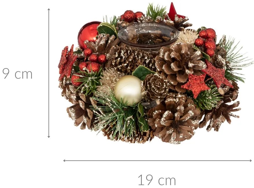 Świecznik z szyszek i bombek, 19 cm