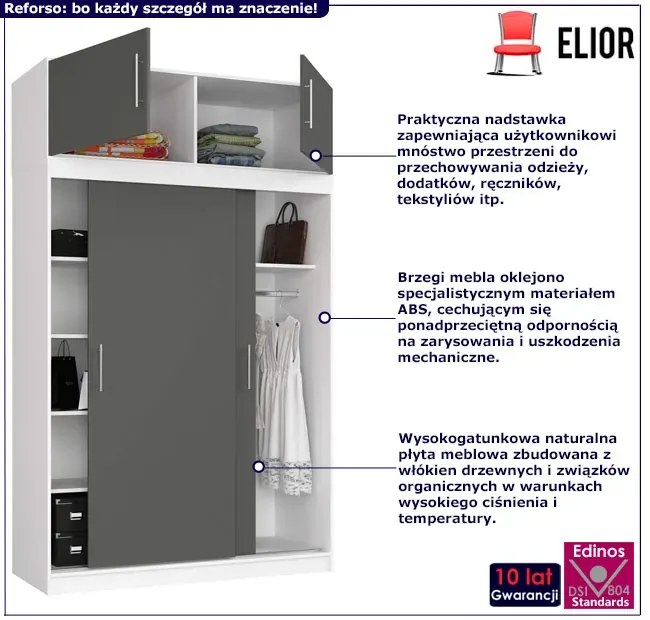 Przesuwna szafa z półkami i drążkiem biały + szary E8-N83